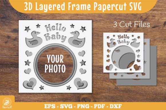 3D Layered Frame Hello Baby Papercut SVG