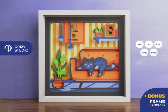Cat on the Sofa Home 3D SVG for Shadow Boxes