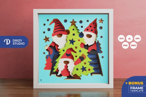 Gnome Decorating Christmas Tree 3D SVG for Shadow Boxes